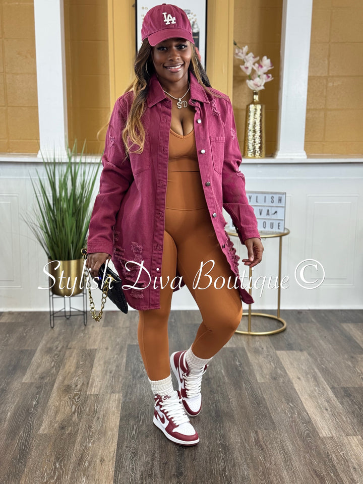 Harper Distressed Denim Shacket (Berry Denim)