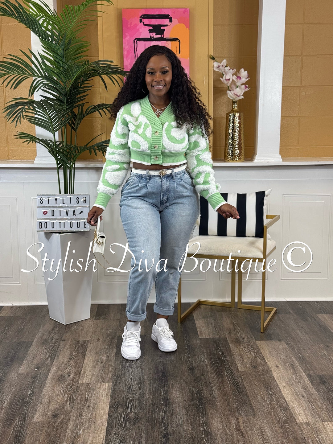 Isabelle Duo Color Cropped Knitted Cardigan (Light Green/White)