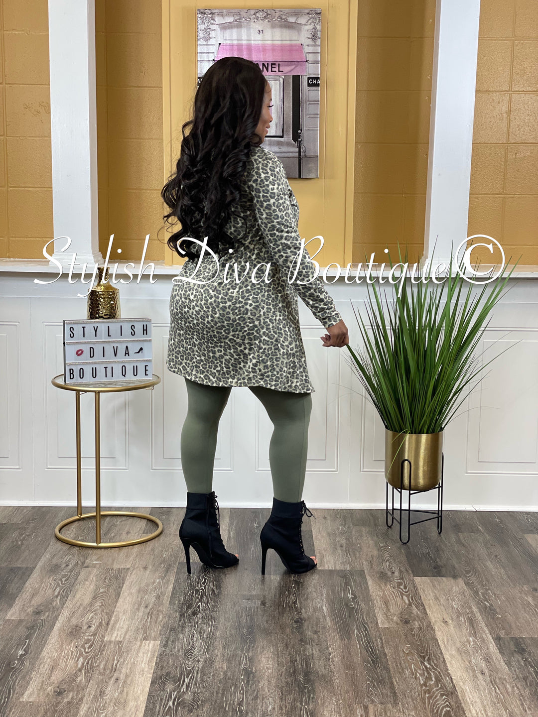 Leopard Cardi Legging Set (Light Olive)