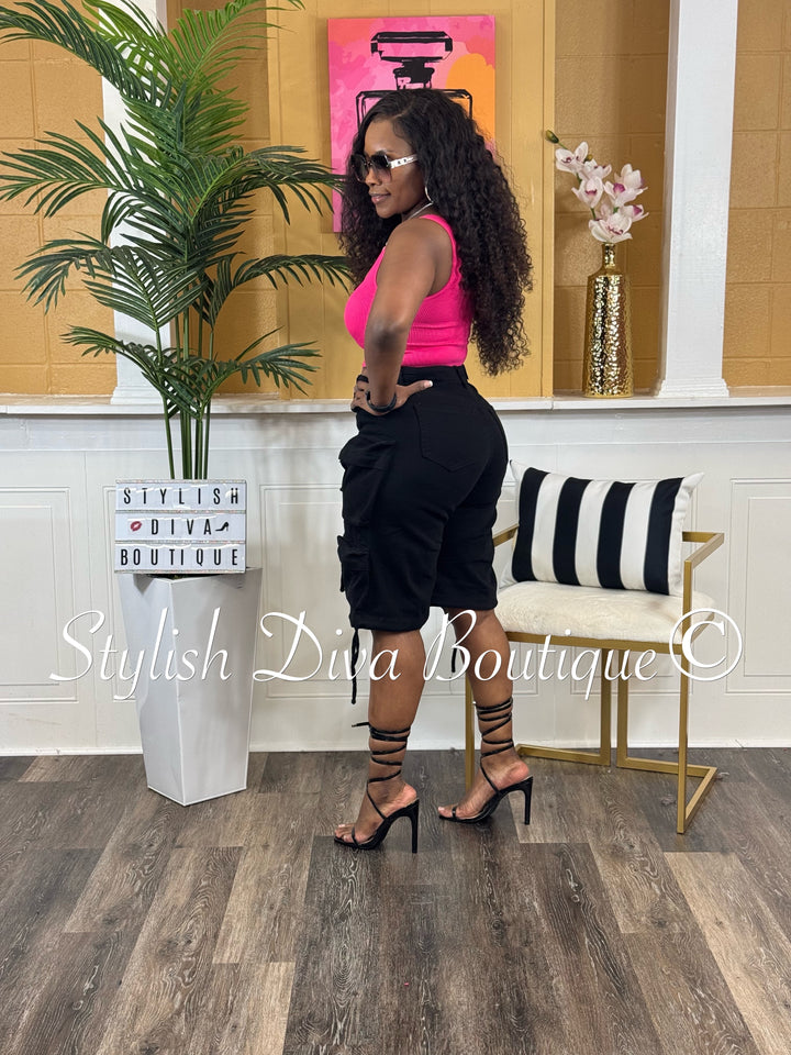 Ribbed Seamless Square Neck Cropped Tank (Hot Pink)