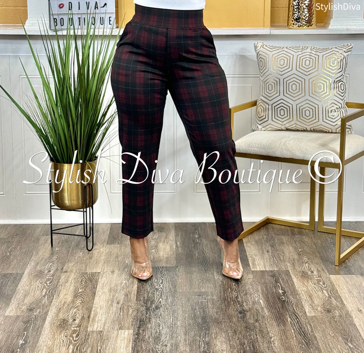 Work It Cropped Plaid Pants up to 3XL (Burgundy Plaid)