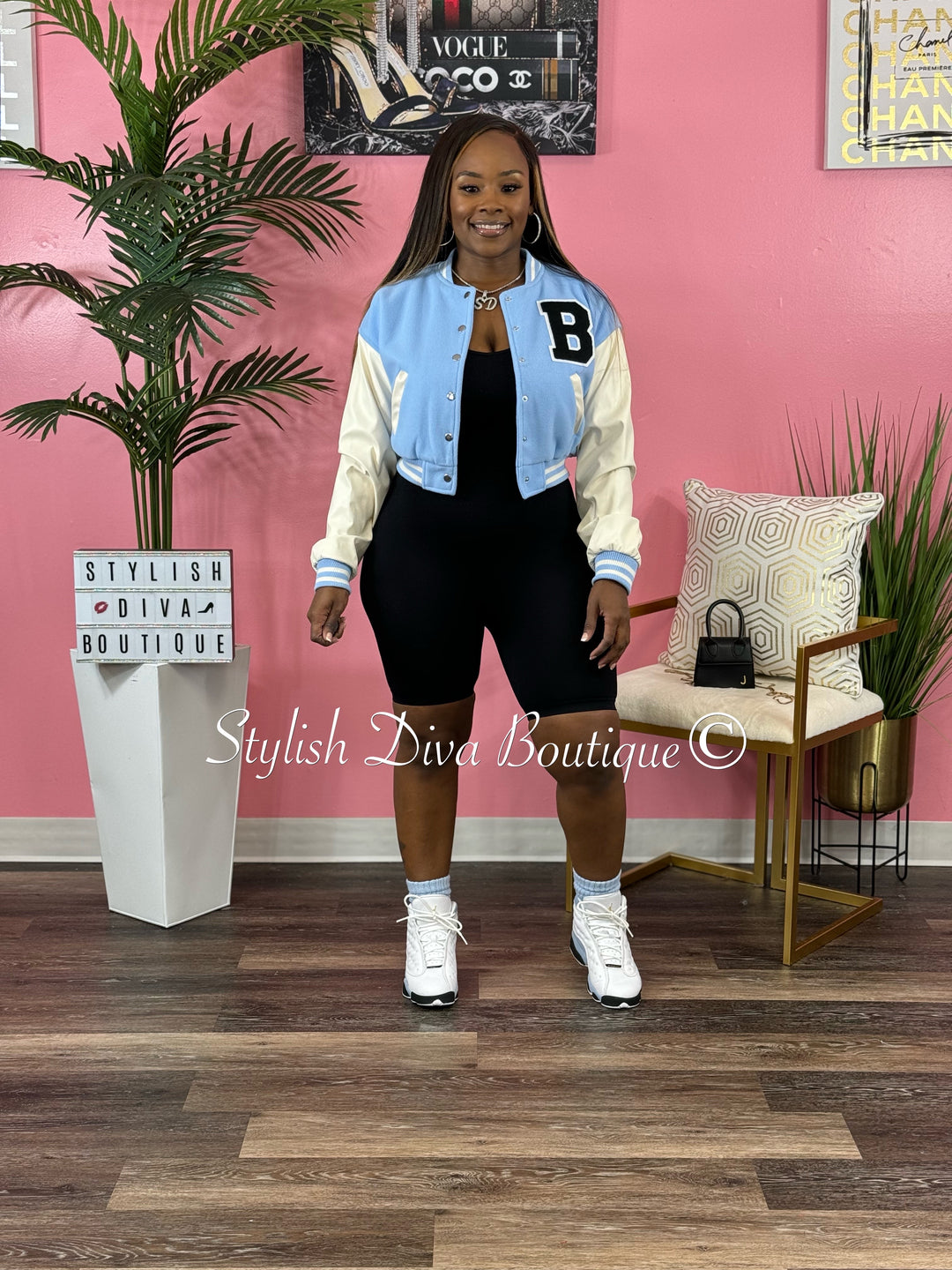 Varsity Cropped Jacket (Light Blue/White)