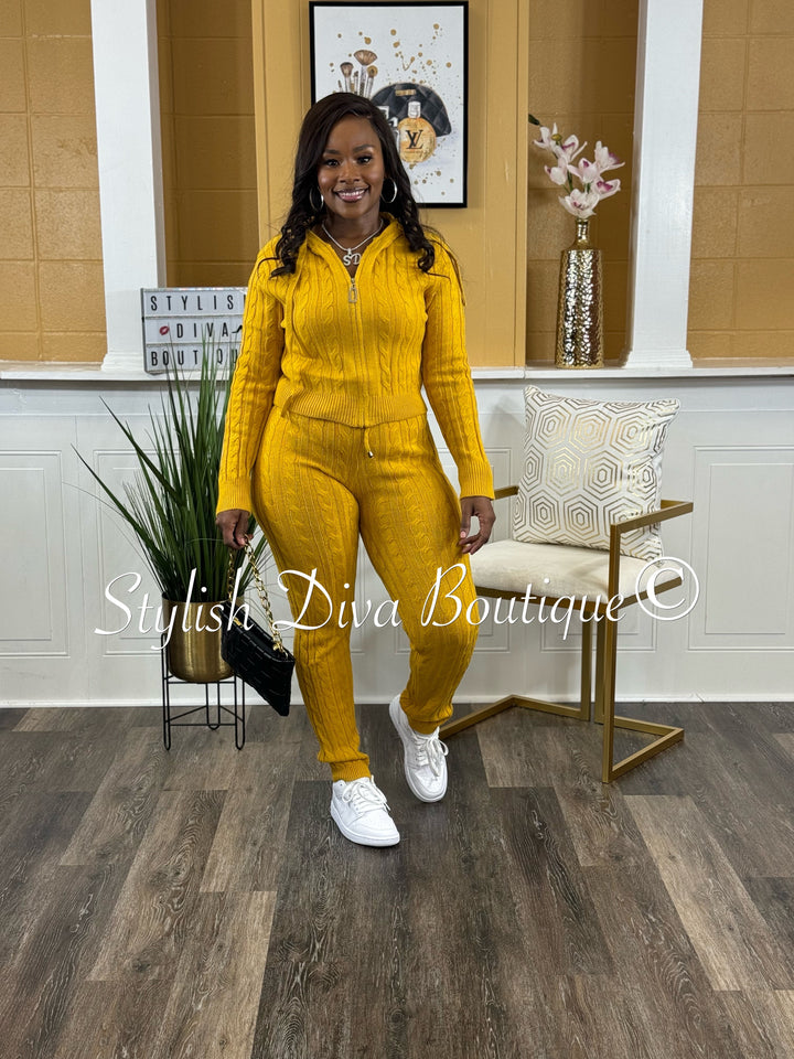 Focused On Me Hooded Cable Knit Legging Set (Mustard)