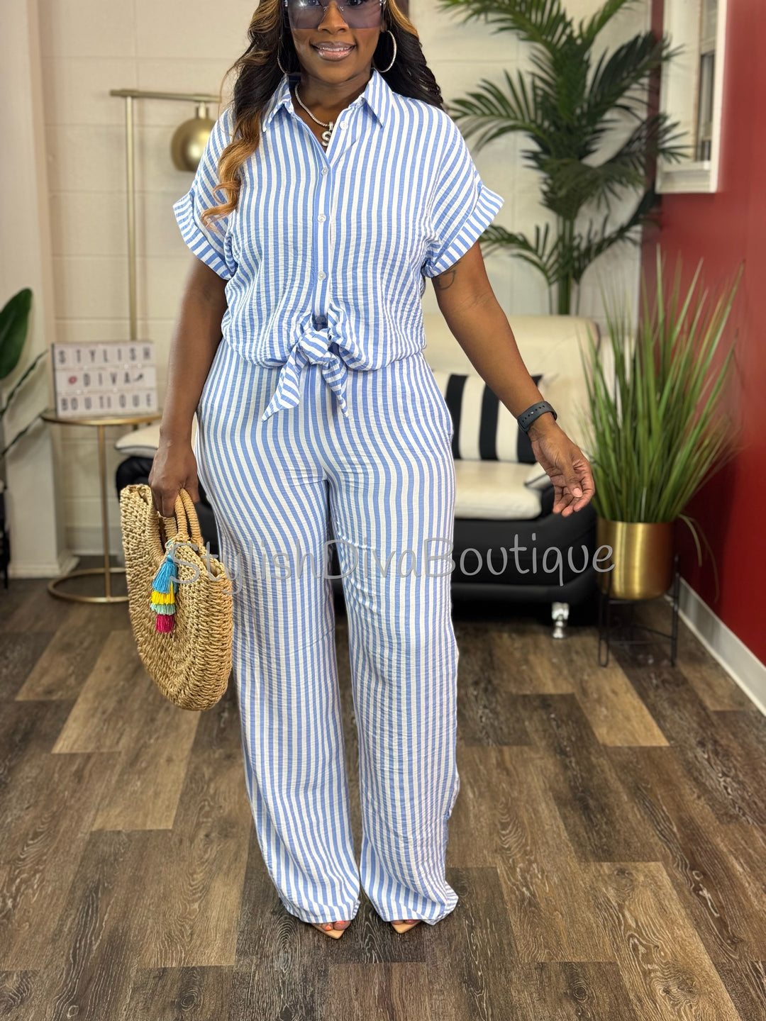 Coastal Diva Pants Set (Blue/White)