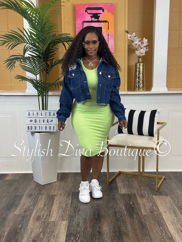 Destiny Distressed Cropped Denim Jacket (Dark Denim)