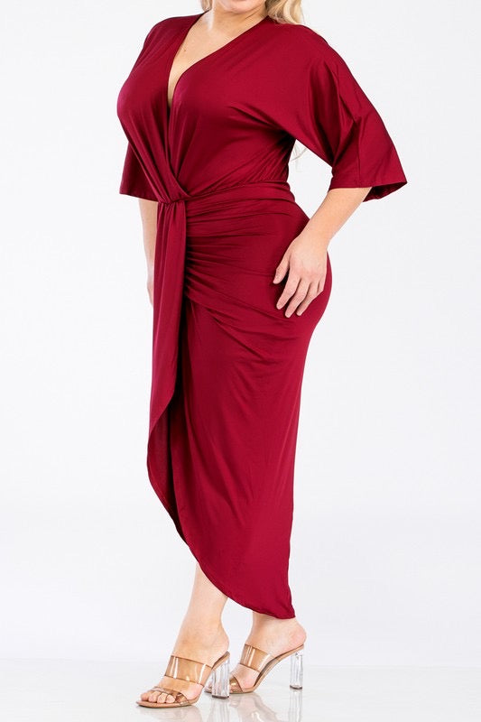 Chandler V Cut Ruched Midi Dress up to 3XL (Burgundy)