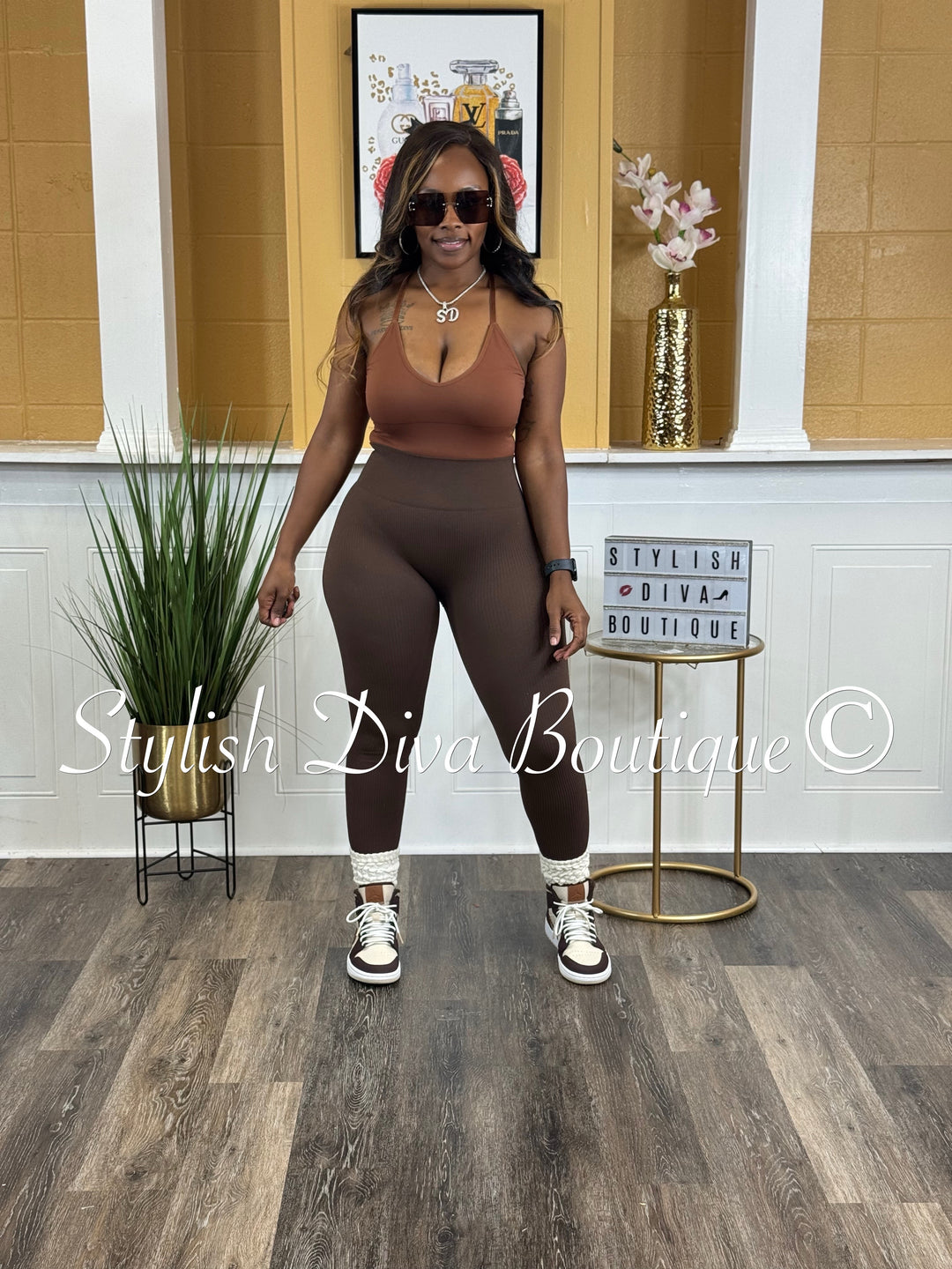 Seamless Ribbed High Waist Leggings (Brown)