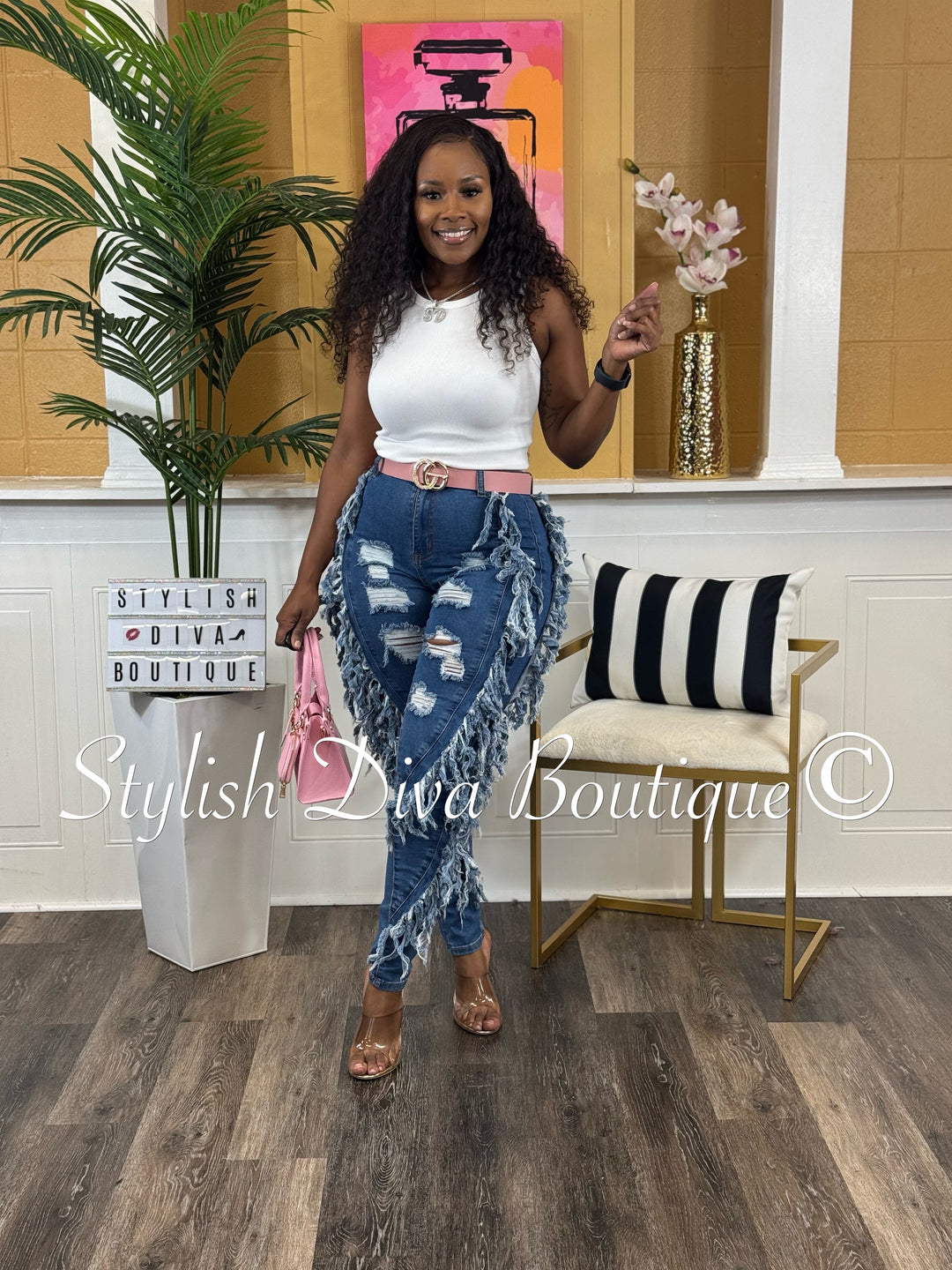 Show Stopper Distressed Fringe Jeans (Dark Wash)