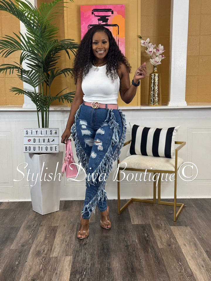 Show Stopper Distressed Fringe Jeans (Dark Wash)