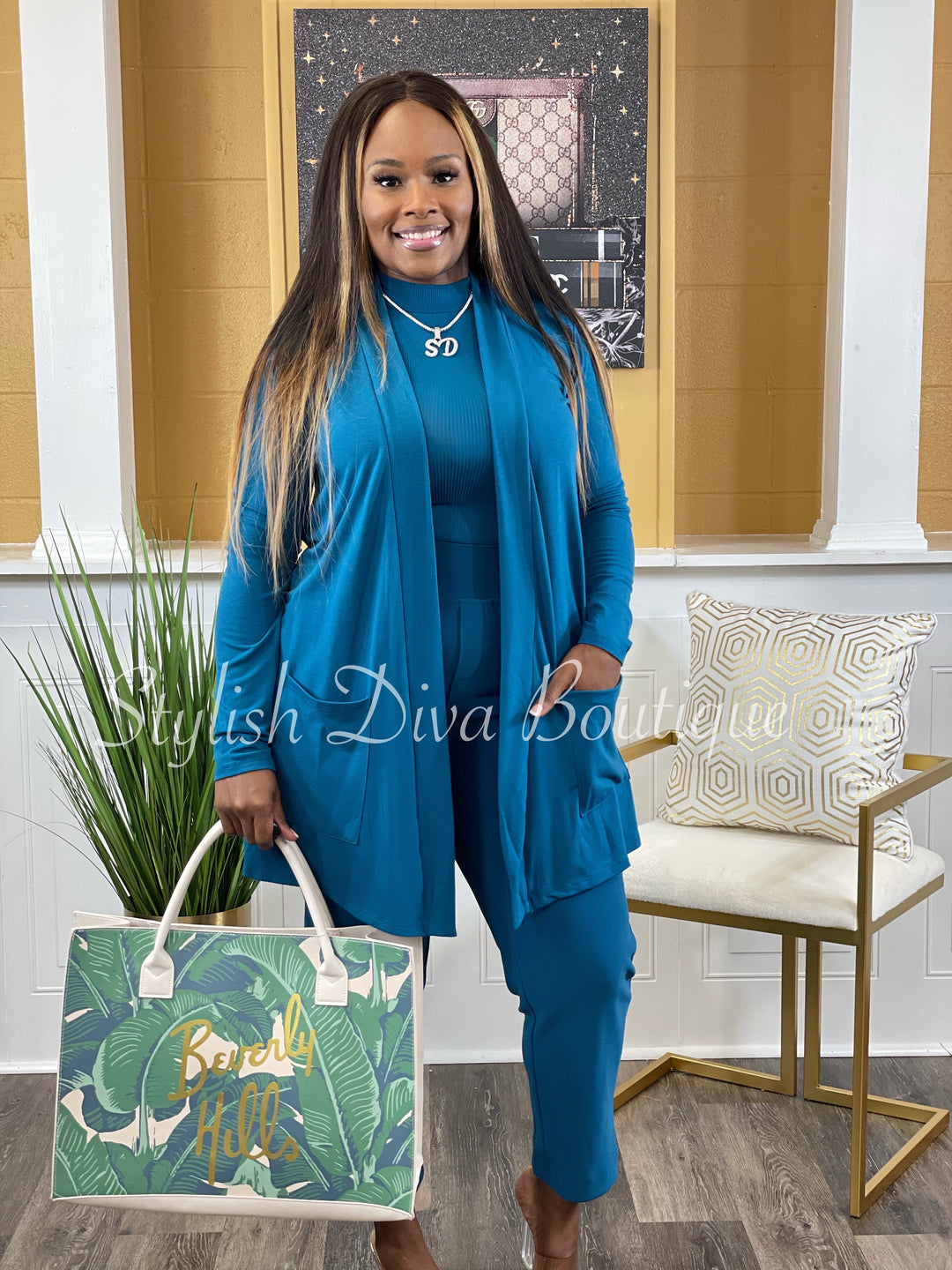 Business Inclusive 2pc Cardigan & Pants Set (Teal)