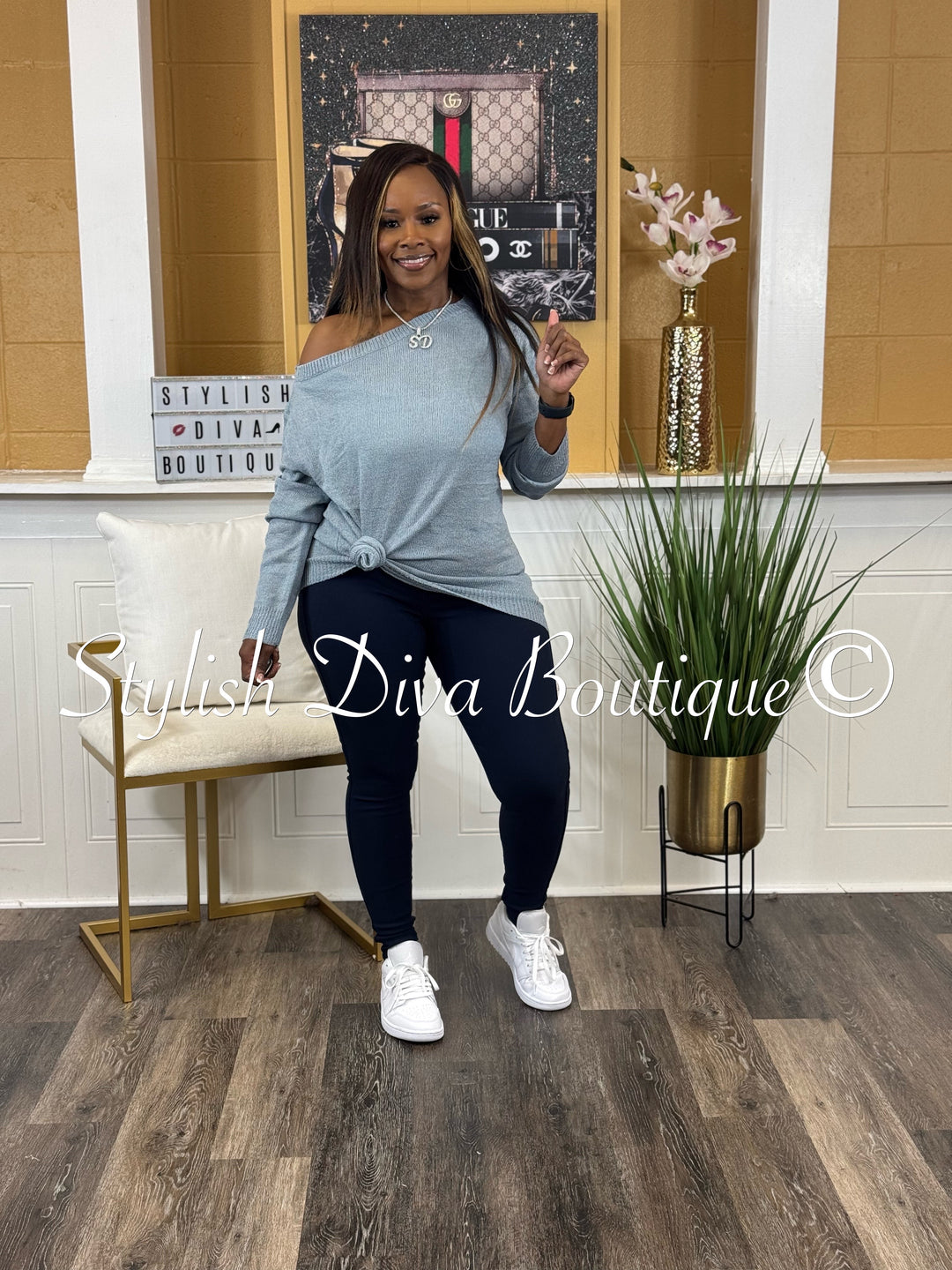 Bobbi Off Shoulder Spring Sweater (Denim Blue)