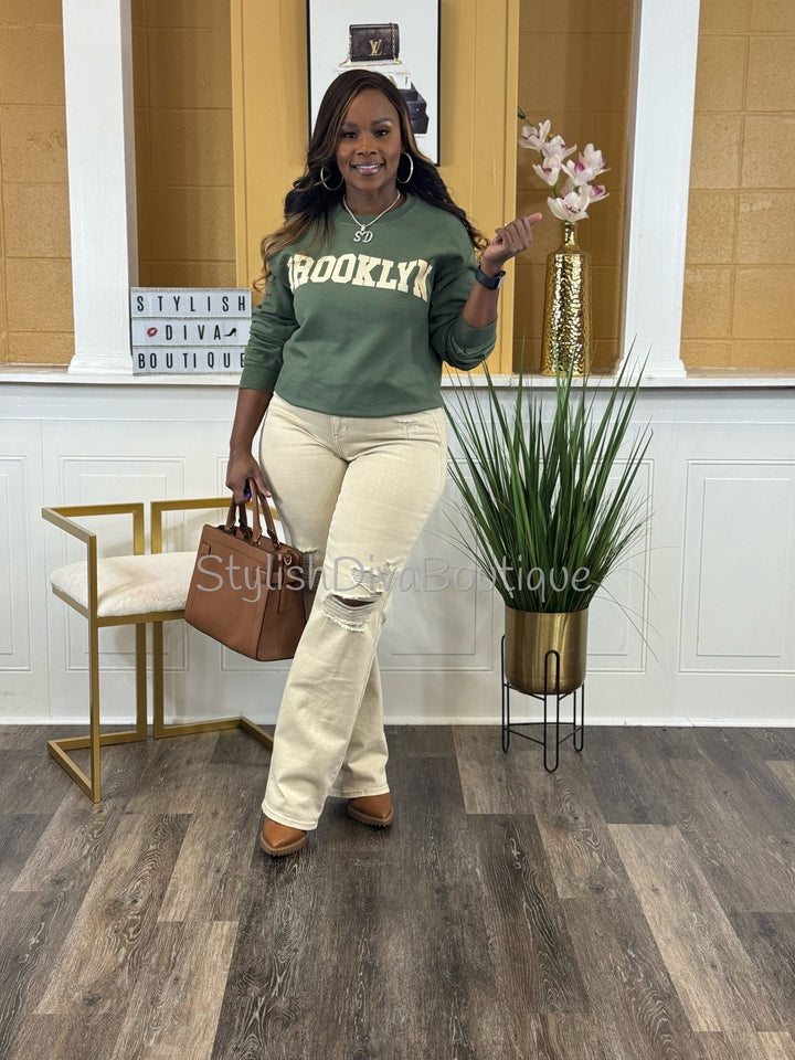 Brooklyn Sweatshirt Only up to 3XL (Olive/Cream Print)