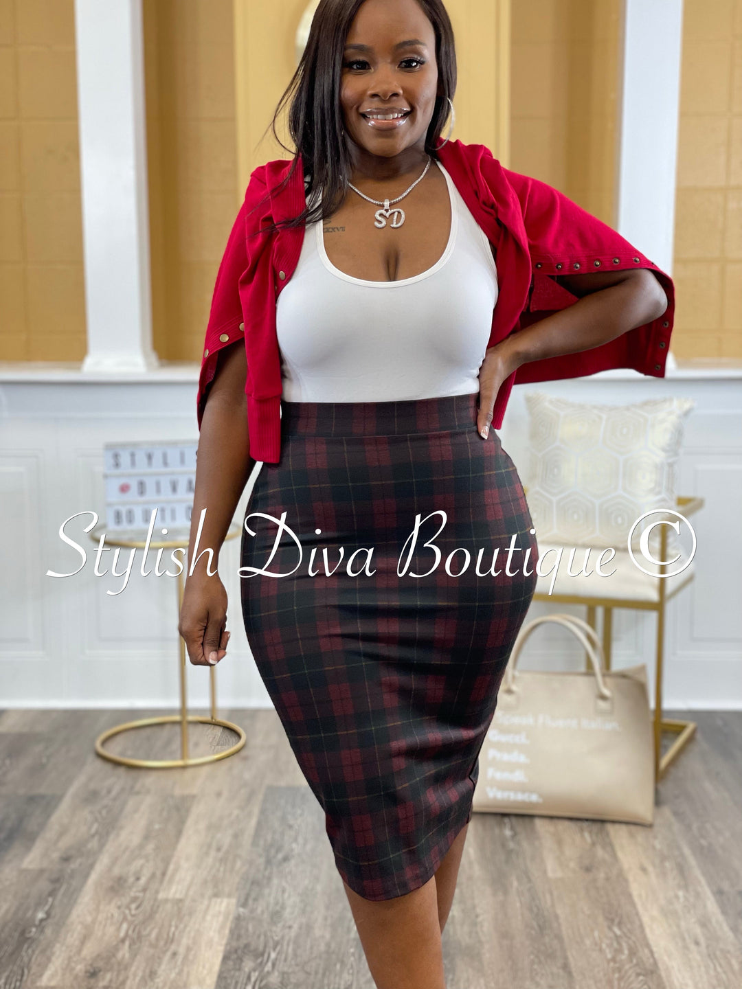 Business Meeting Skirt ONLY up to 3XL (Burgundy Plaid)