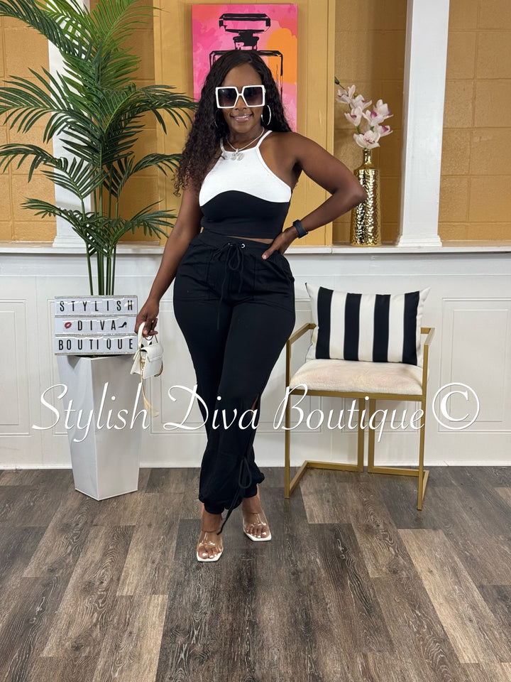 Taryn Two Tone Pants Set (Black/White)