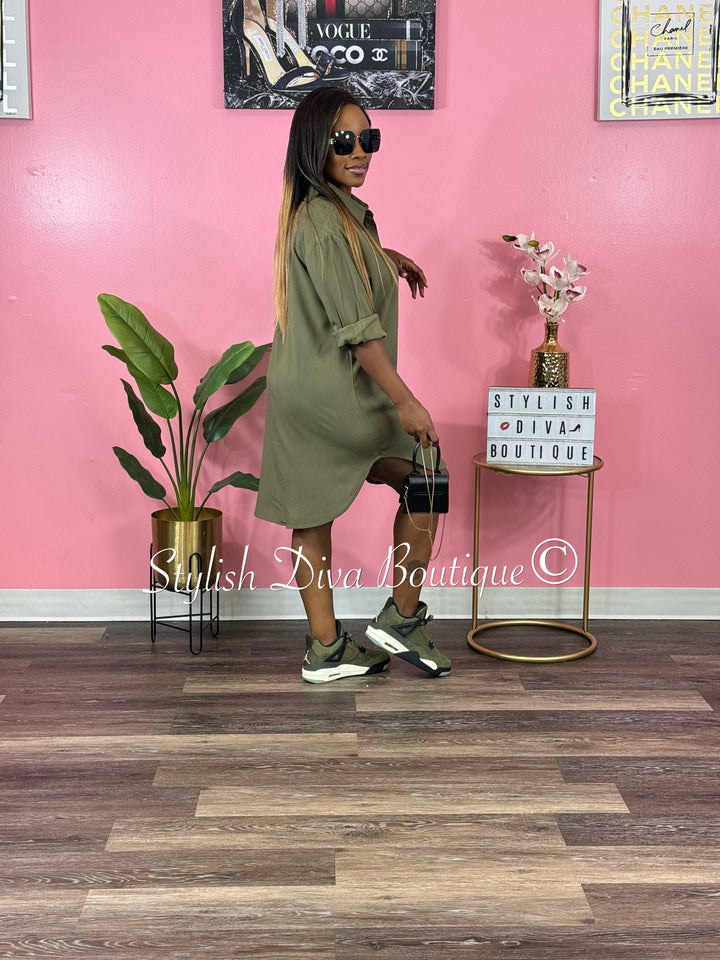 Casual Stroll V-Neck Oversized Shirt Dress (Olive Green)