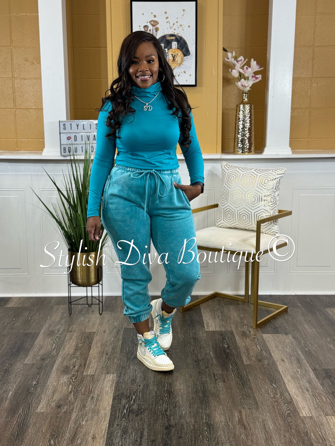 Kerri Acid Wash Mock Neck Jogger Set (Lt Teal)