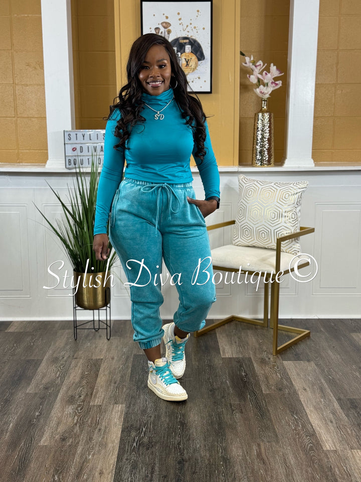 Kerri Acid Wash Mock Neck Jogger Set (Lt Teal)