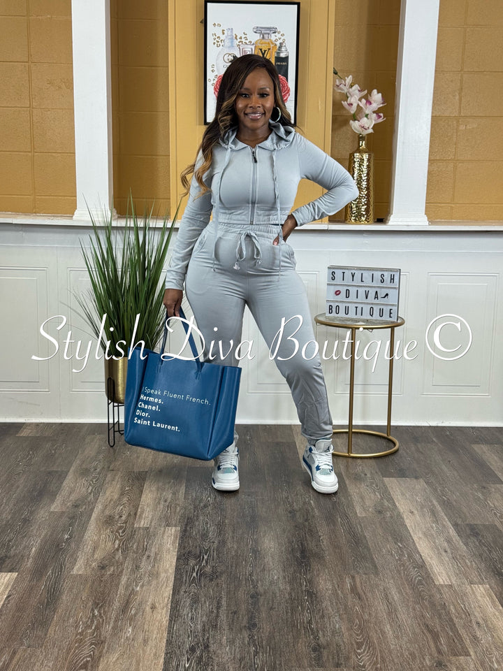 Chill Mode Zip Hoodie Jogger Set (Lt Grey)