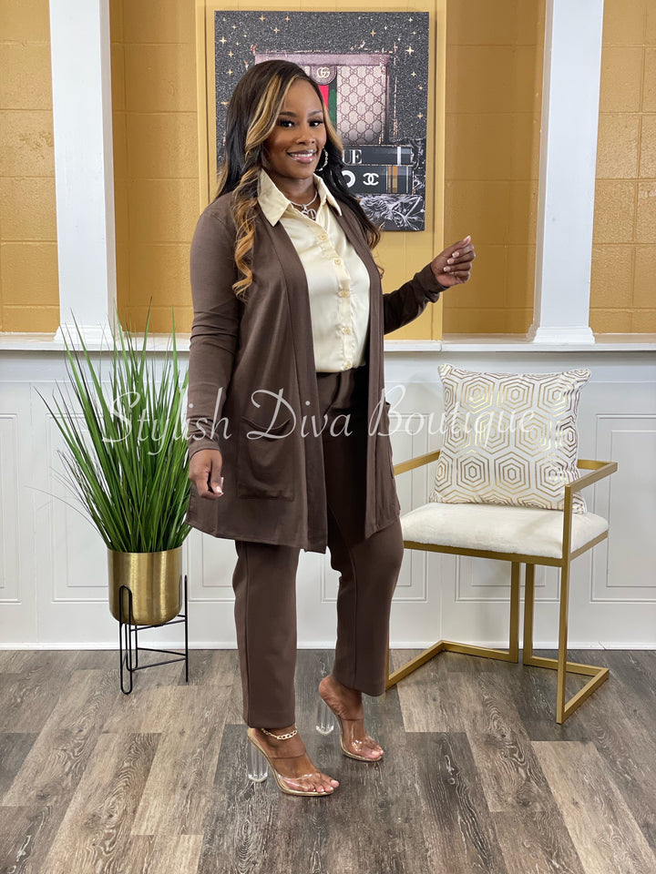 Business Inclusive 2pc Cardigan & Pants Set (Brown)