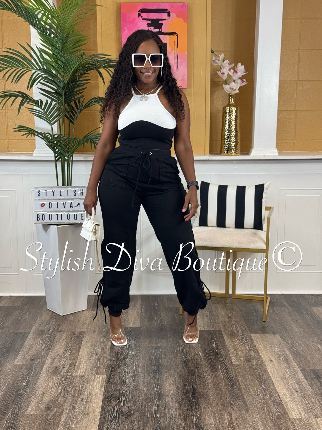 Taryn Two Tone Pants Set (Black/White)