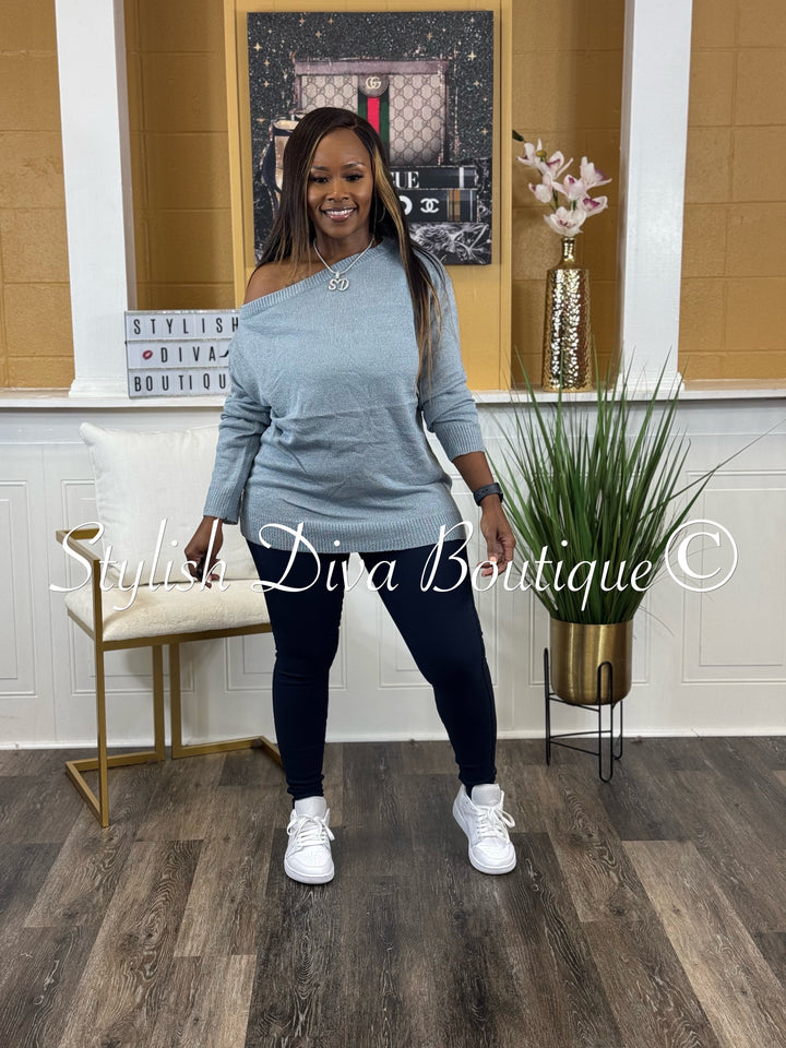 Bobbi Off Shoulder Spring Sweater (Denim Blue)
