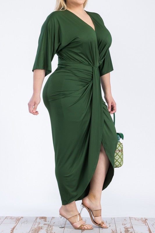 Chandler V Cut Ruched Midi Dress up to 3XL (Hunter Green)