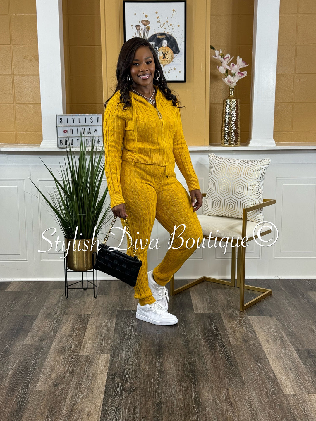 Focused On Me Hooded Cable Knit Legging Set (Mustard)