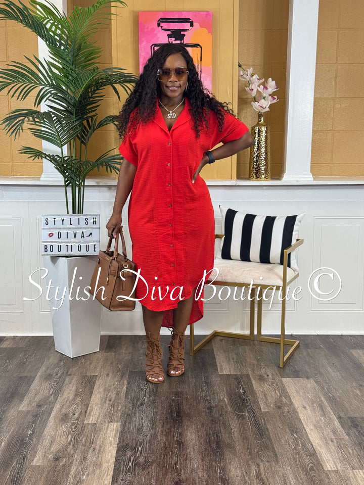 Kinder Buttoned Shirt Midi Dress (Red)