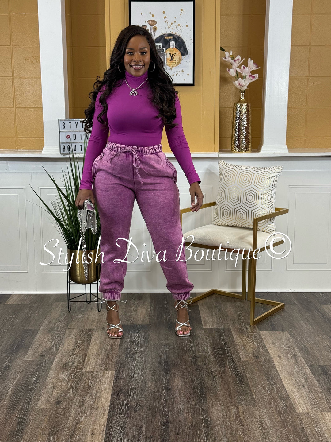 Kerri Acid Wash Mock Neck Jogger Set (Lt Plum)