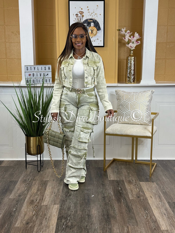 Nicki Acid Wash Cargo Pants (Sage)