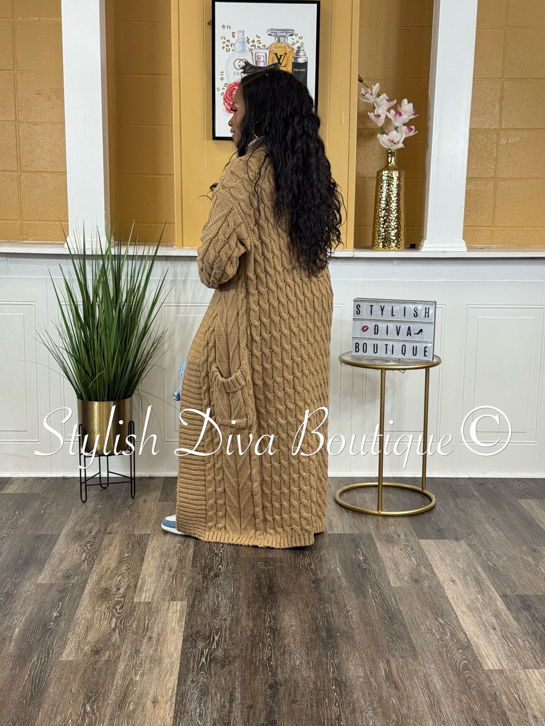 Kamala Long Cable Knit Cardigan (Khaki Brown)