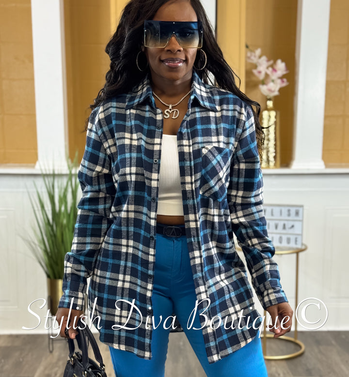 Oversize Plaid Long Sleeve Top (Navy)
