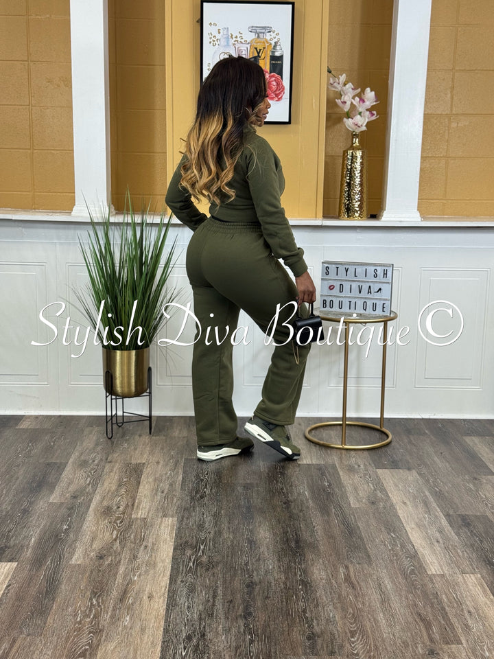 Comfort Mode Zip Hoodie Fleece Set (Army Green)