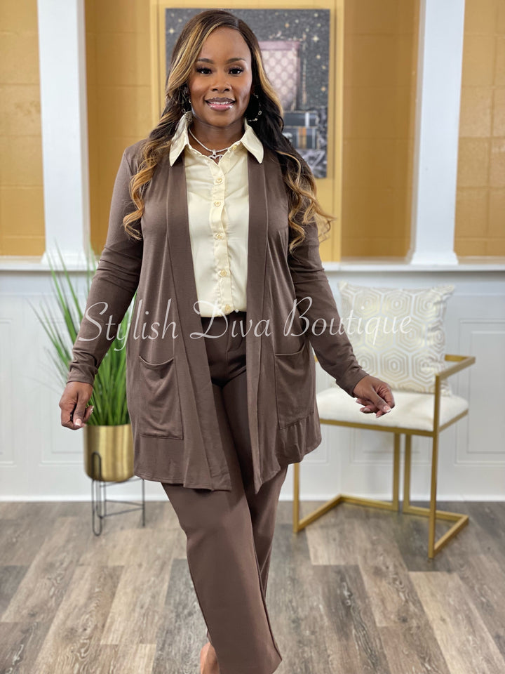 Business Inclusive 2pc Cardigan & Pants Set (Brown)