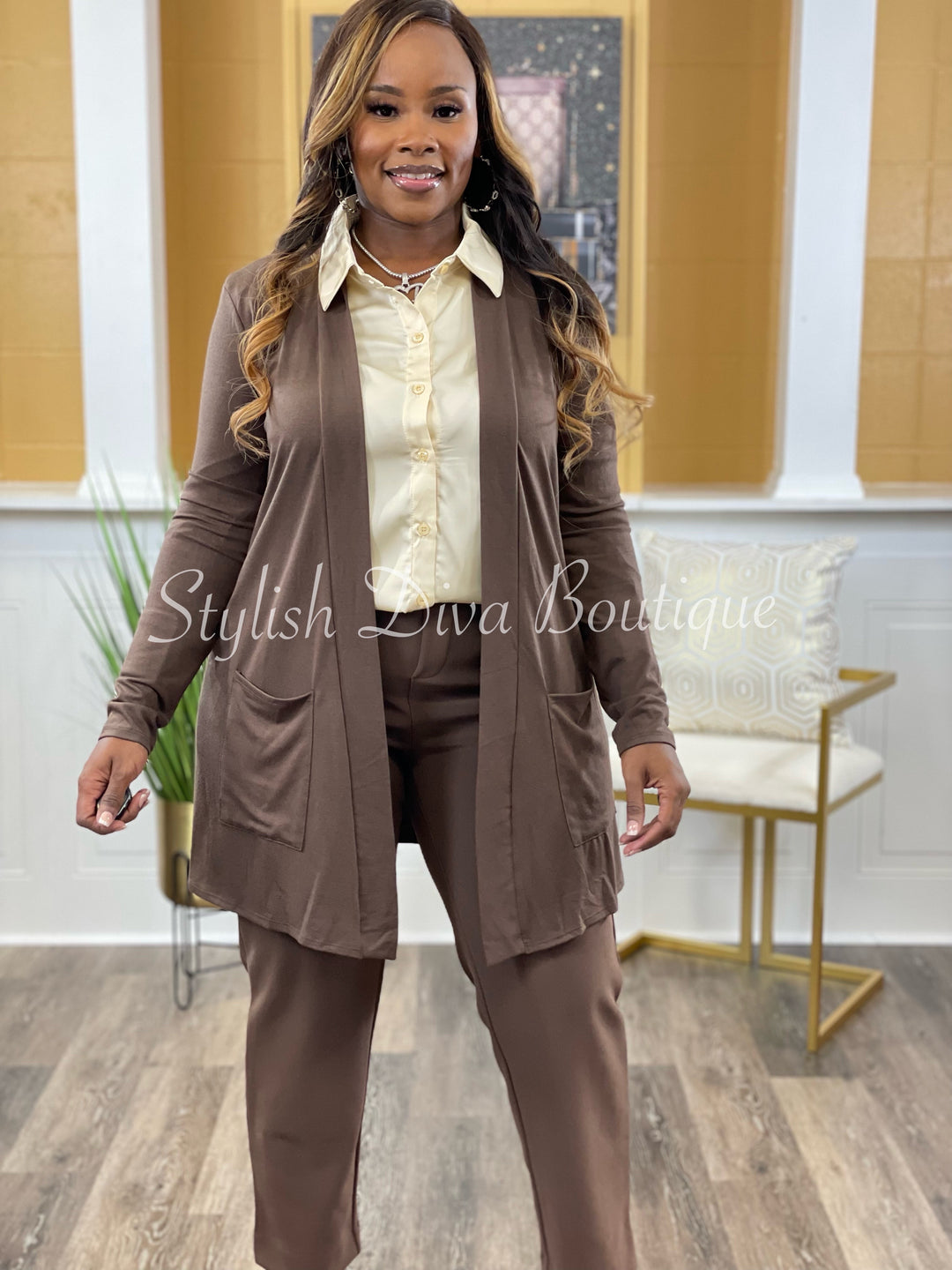 Business Inclusive 2pc Cardigan & Pants Set (Brown)