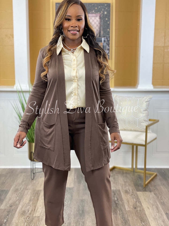 Business Inclusive 2pc Cardigan & Pants Set (Brown)