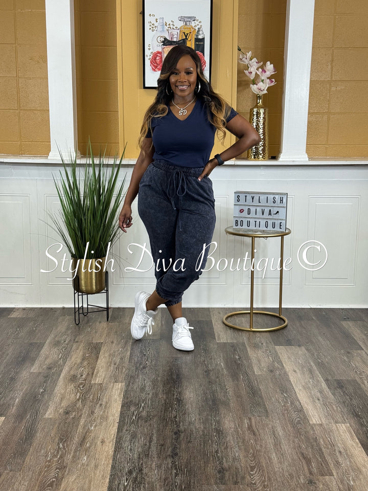 Kerrilyn Acid Wash Jogger Set (Navy)