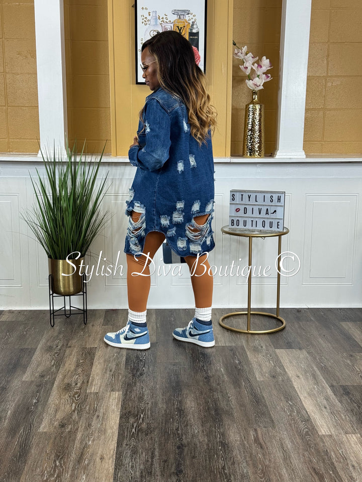 Harper Distressed Denim Shacket (Dark Denim)