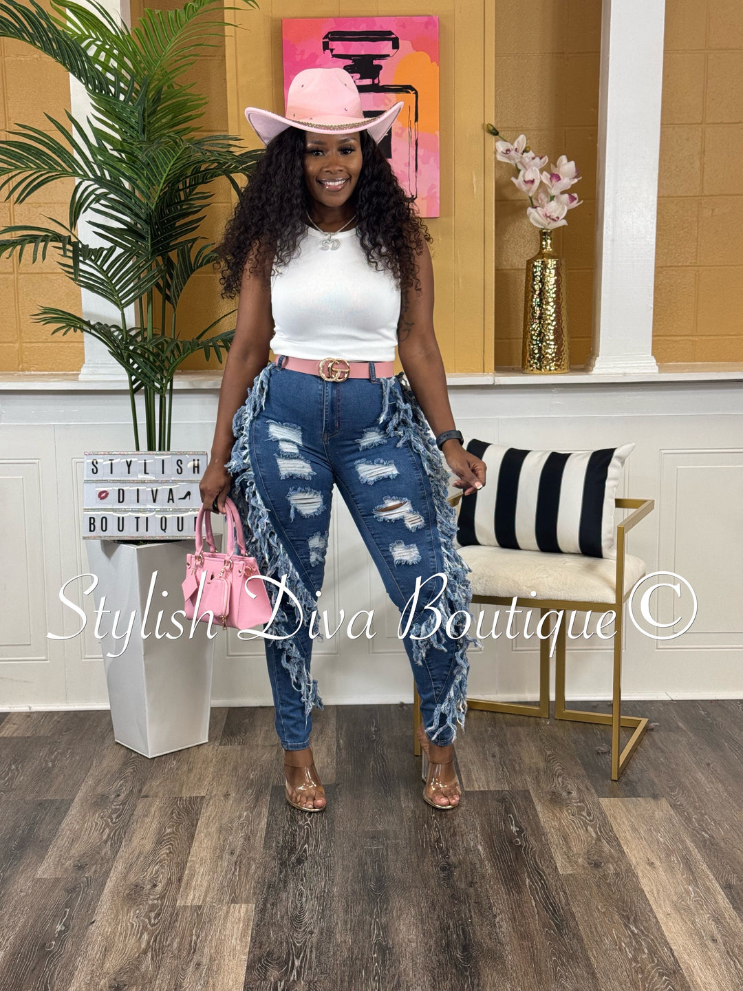 Show Stopper Distressed Fringe Jeans (Dark Wash)