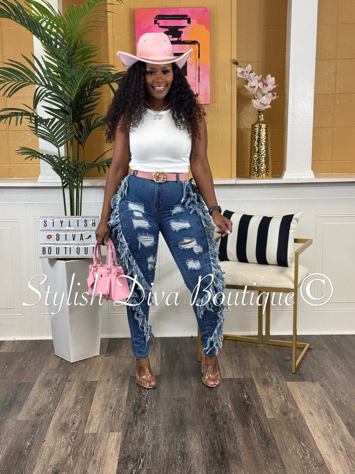 Show Stopper Distressed Fringe Jeans (Dark Wash)