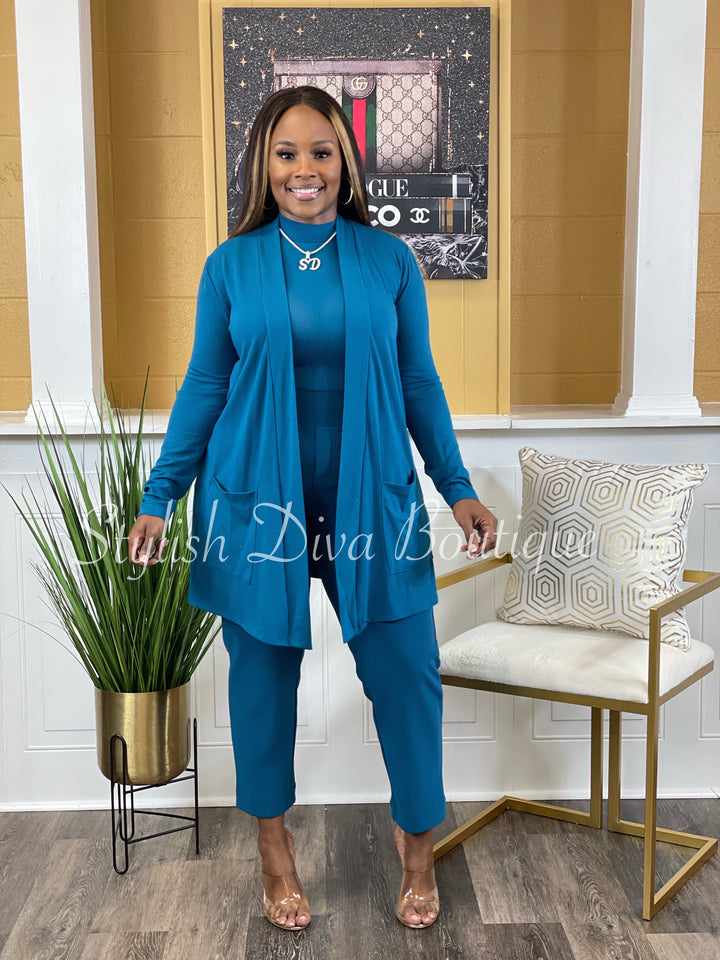 Business Inclusive 2pc Cardigan & Pants Set (Teal)