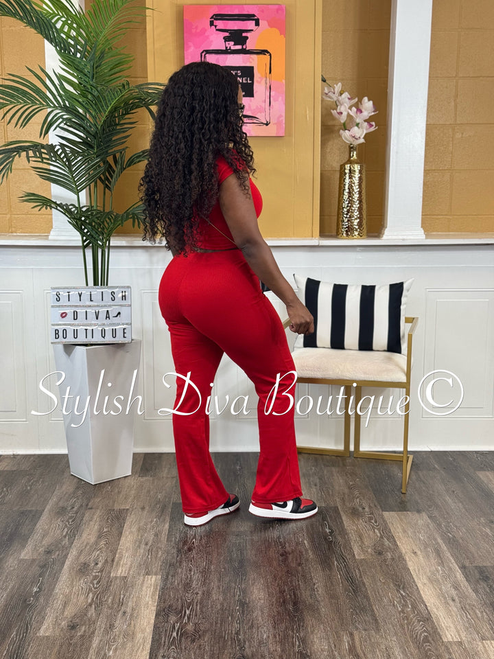 Haley Cropped Ribbed Set (Red)