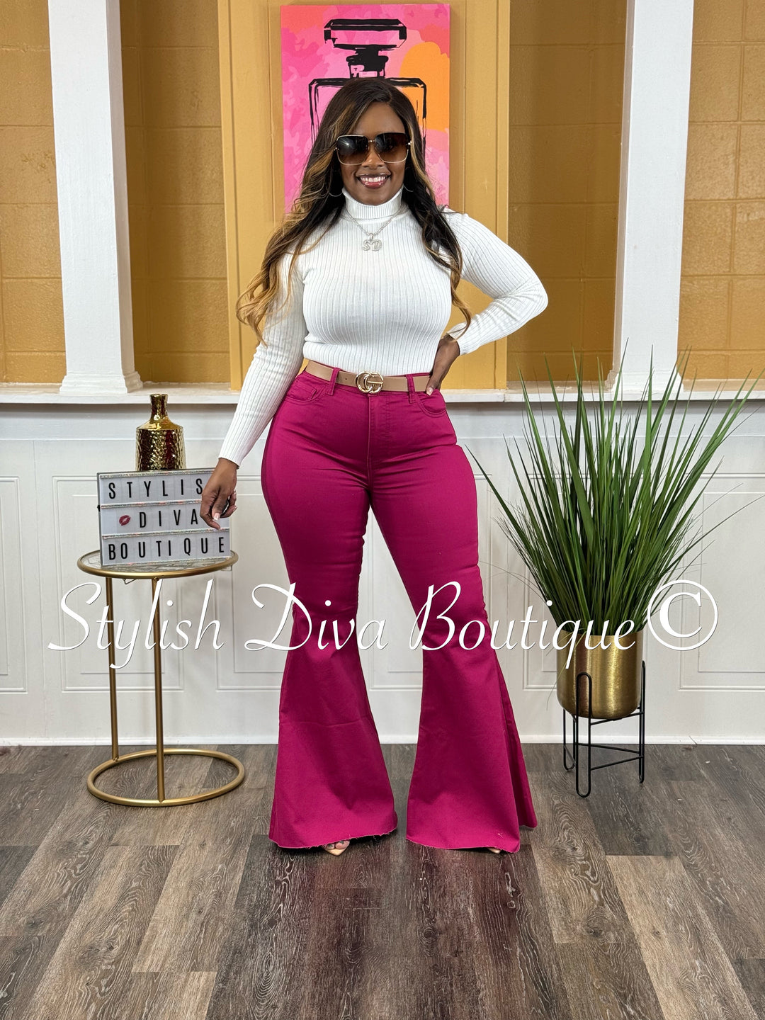 Jordyn High Waist Colored Flare Pants (Dk Pink)