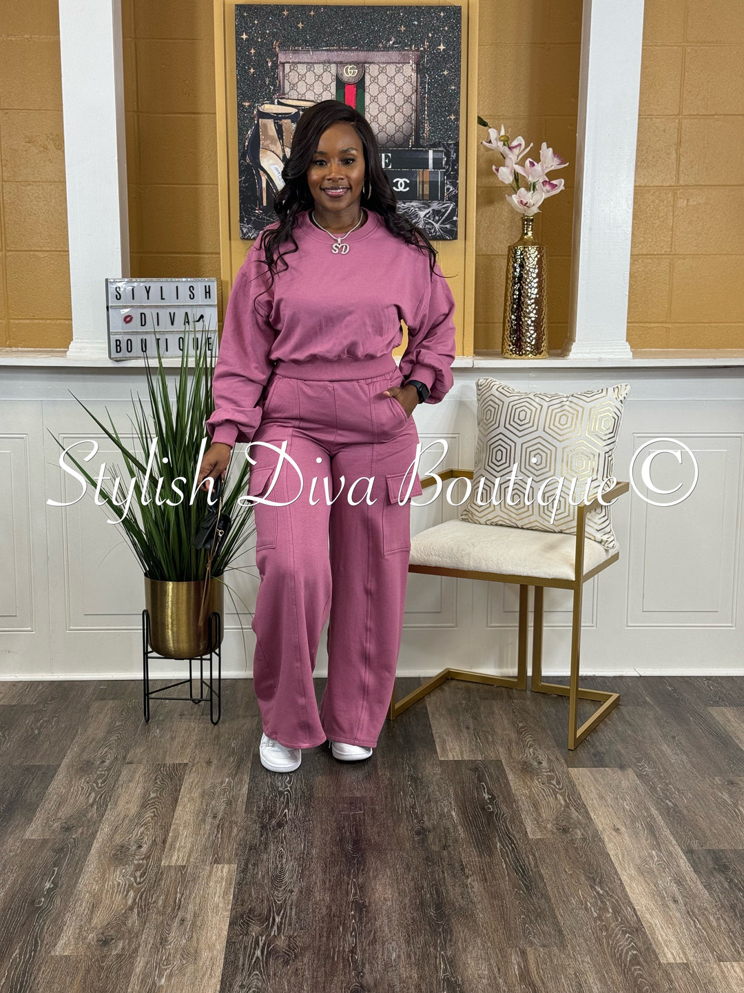 Say Less Wide Leg Cargo Pant Set (Ash Pink)