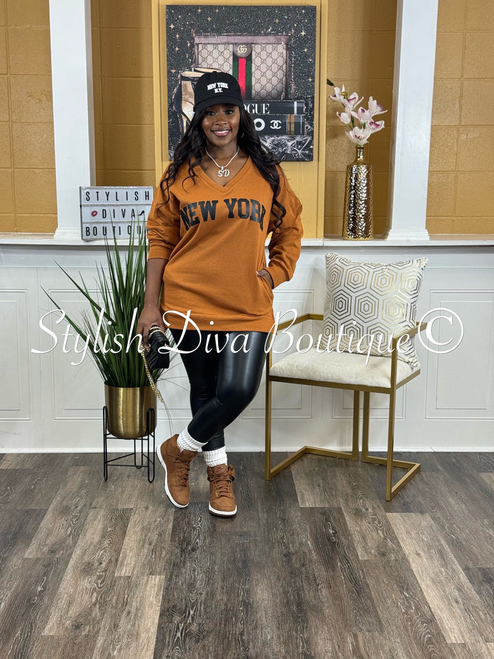 New York V Neck Sweatshirt Only (Terracotta Brown)