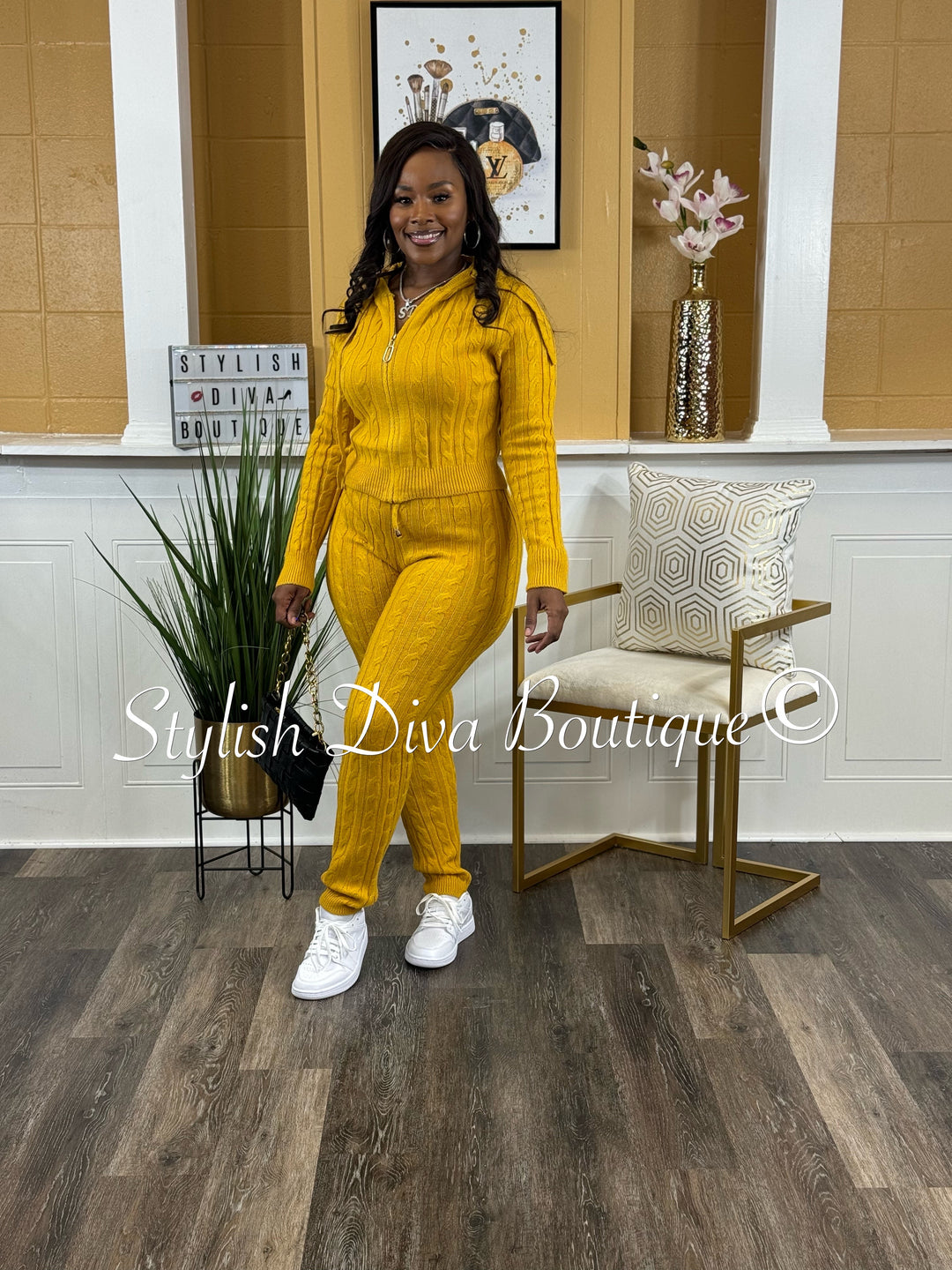 Focused On Me Hooded Cable Knit Legging Set (Mustard)