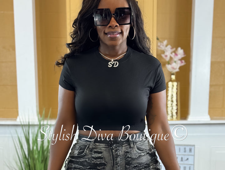 Elastic Hem Crop Top (Black)