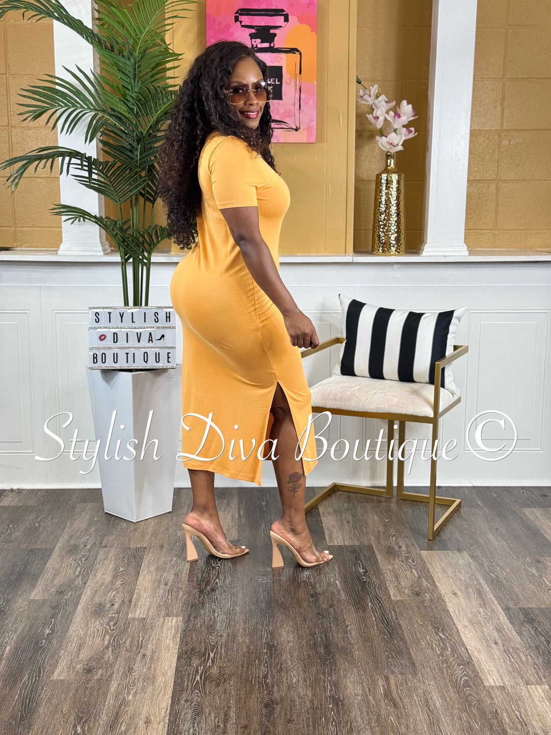 Ivy V-Neck Shirt Dress (Caramel)