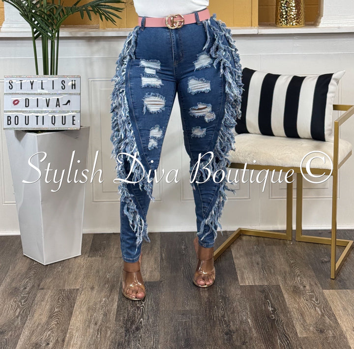 Show Stopper Distressed Fringe Jeans (Dark Wash)