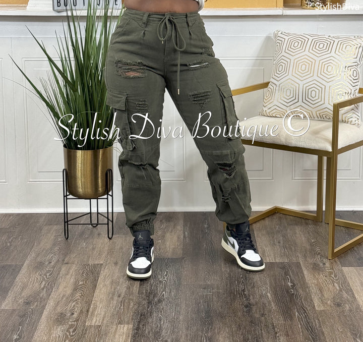 Portland Distressed Cargo Joggers up to 3XL (Olive)